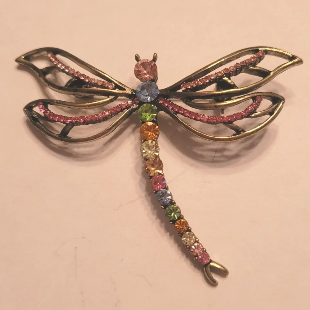 Vintage Dragonfly‎ Brooch Rainbow Rhinestone Antique Bronze Tone Pin